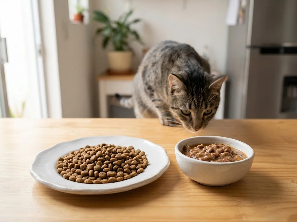 Croquetas y alimento húmedo con un gato acercándose