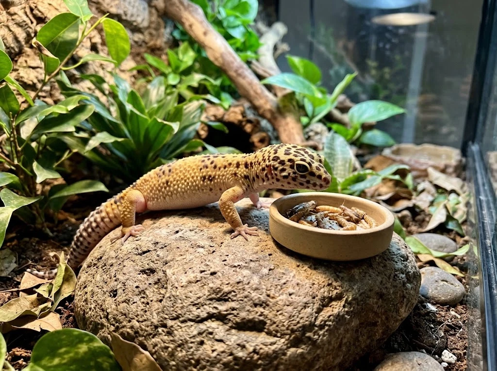 Gecko leopardo en su terrario junto a alimento vivo