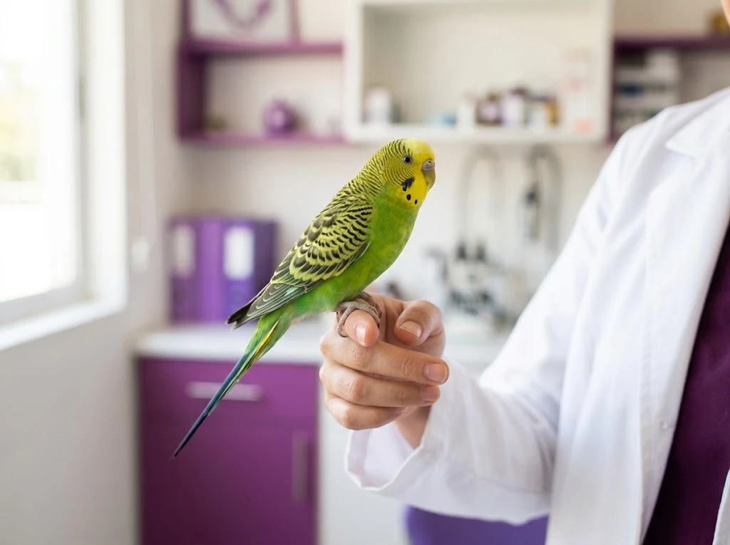 Periquito posado en la mano de una veterinaria