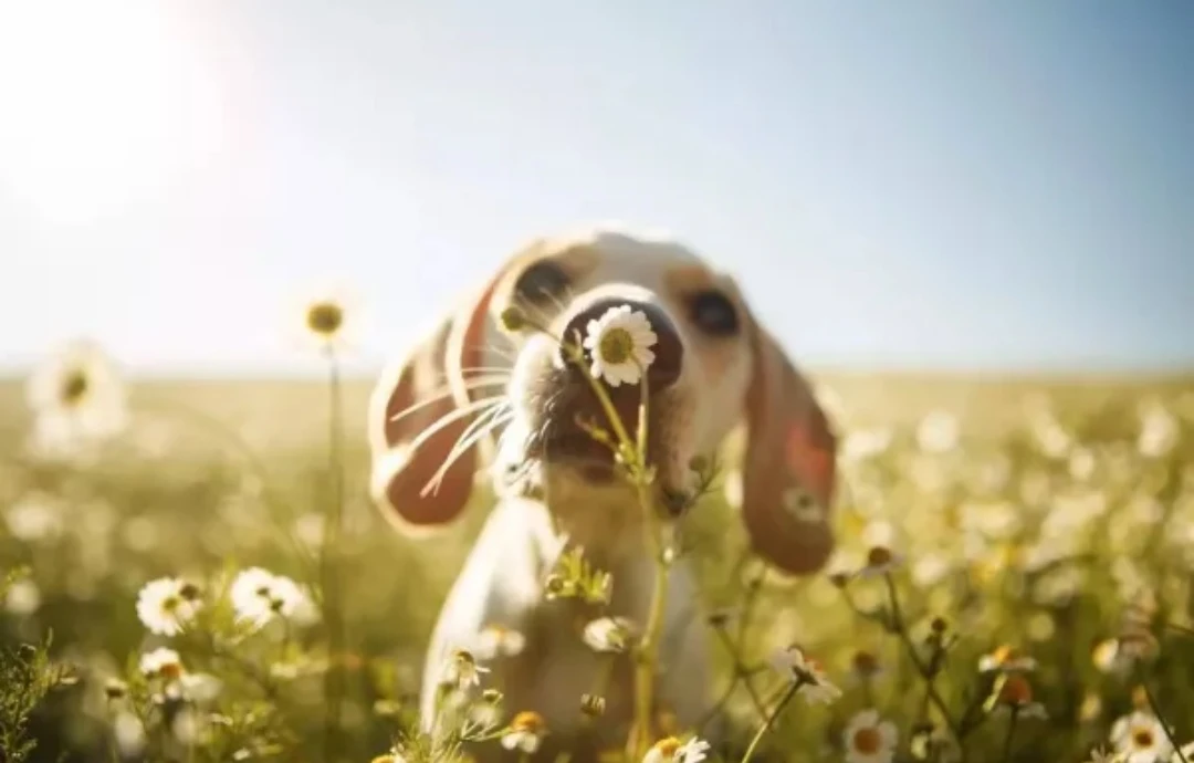 Perro olfateando una flor en un campo