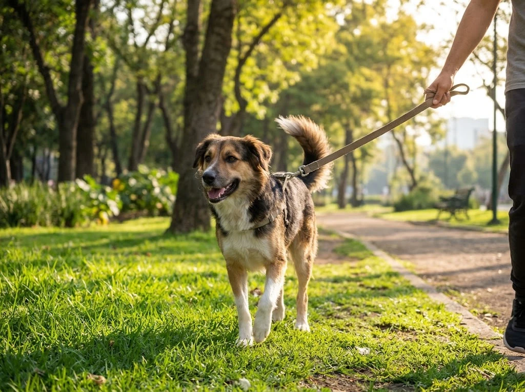 Perro paseando con correa en un parque