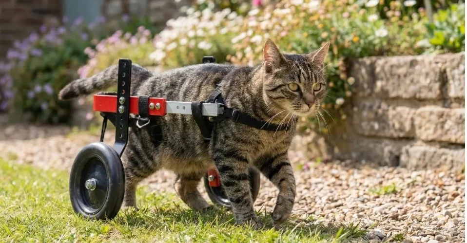 Gato caminando con su silla de ruedas