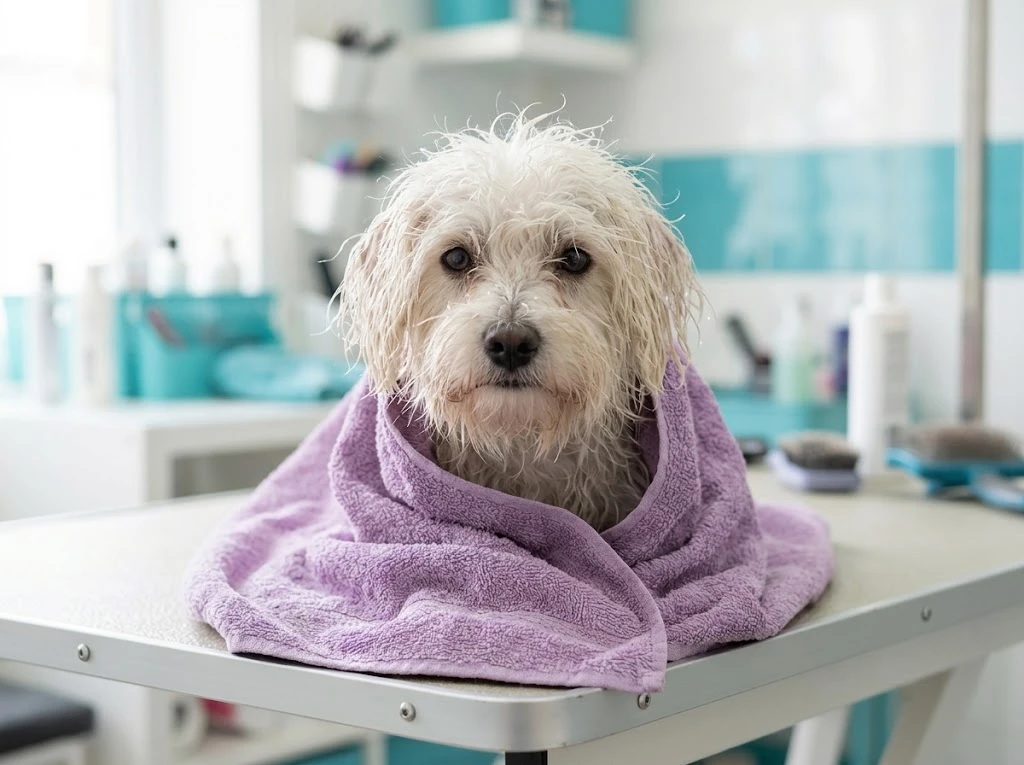 Perro recién bañado envuelto en una toalla lila