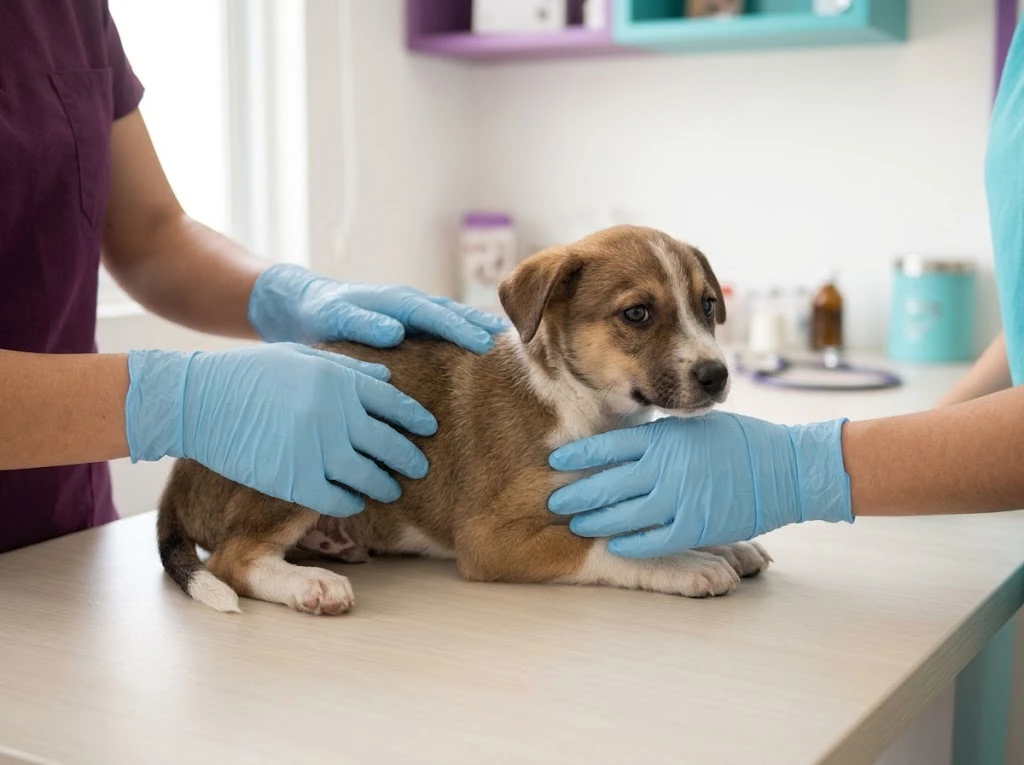 Veterinarias revisando con cuidado a un cachorro