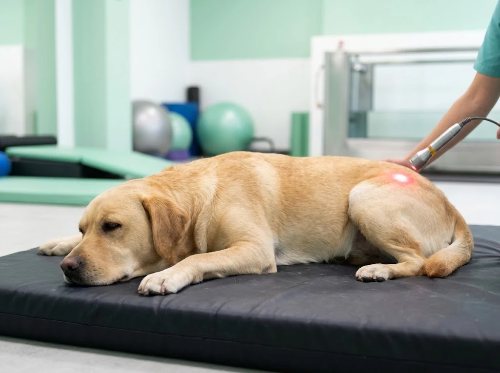 Perro labrador recibiendo terapia láser
